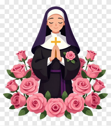 Cartoon Nun Surrounded By Pink Roses PNG