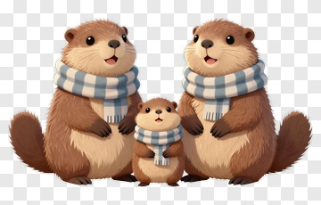 Cartoon Family Of Otters Wearing Scarves PNG