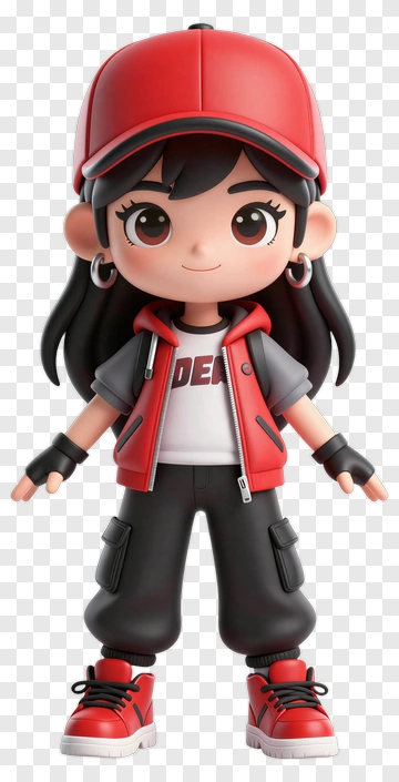 3D Cartoon Girl In Red Streetwear Outfit PNG