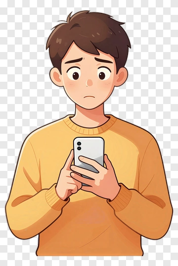 Concerned Boy Holding A Smartphone PNG