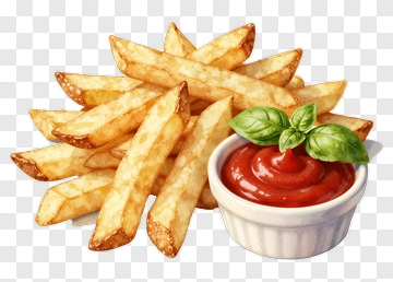 French Fries With Ketchup And Basil PNG