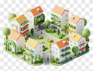 Colorful 3D Neighborhood Scene With Houses And Trees PNG