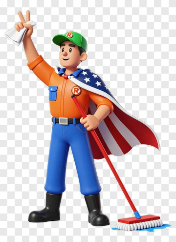 Cartoon Man Holding A Cleaning Tool With An American Flag Cape PNG