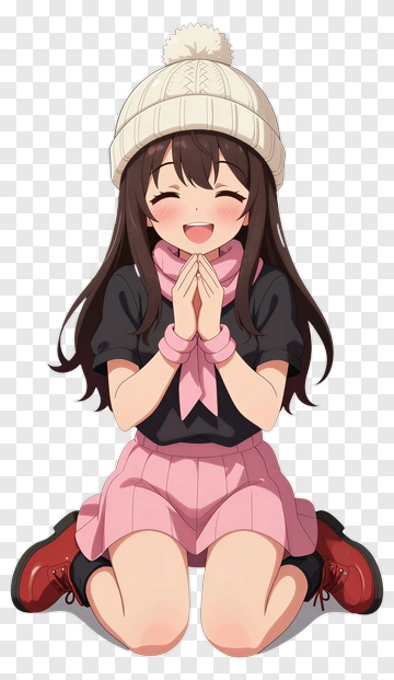 Happy Anime Girl Kneeling With Hands Together PNG
