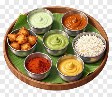Plate Of Indian Cuisine With Various Dips And Rice PNG