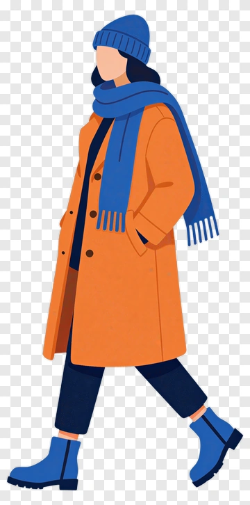 Woman Walking In An Orange Coat And Blue Scarf PNG