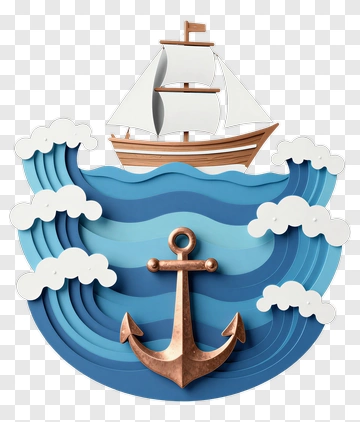 Sailing Ship On Waves With Anchor PNG