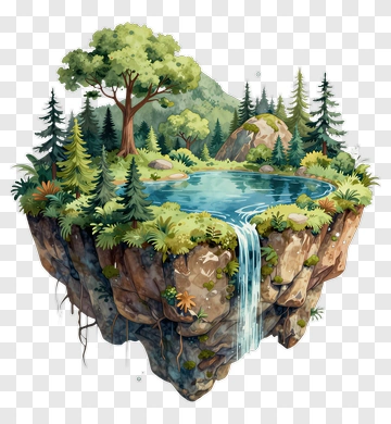 Floating Island With Waterfall And Lush Vegetation PNG