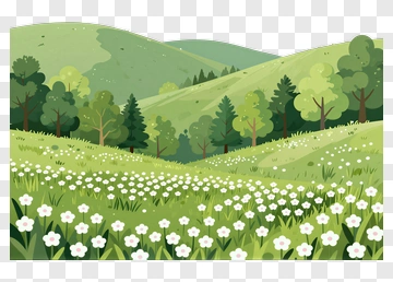Scenic Green Landscape With Flowers And Trees PNG