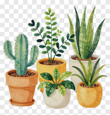 Watercolor Potted Plants Arrangement PNG