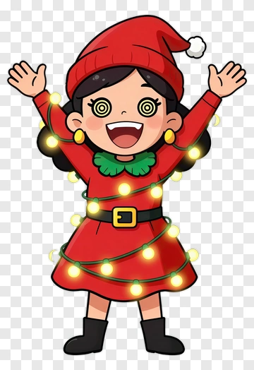Cartoon Girl In Christmas Outfit With Lights PNG