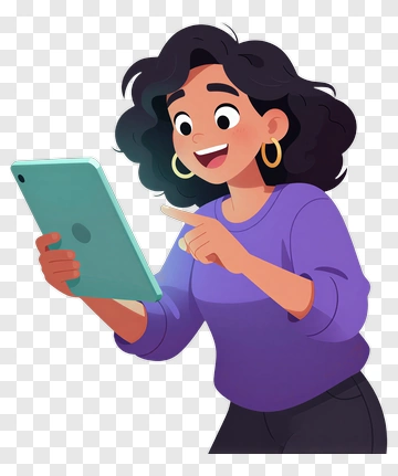 Cartoon Woman Using A Tablet PNG