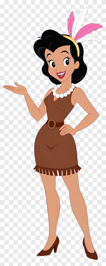 Cartoon Woman In Brown Dress With Feather Headband PNG