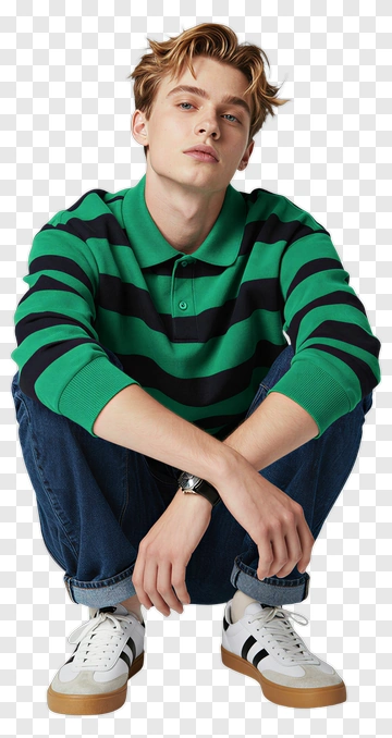 Young Man Squatting In Green And Black Striped Sweater PNG