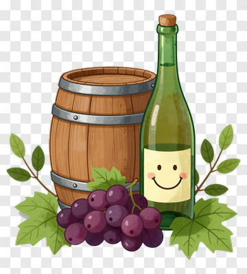 Cartoon Wine Bottle And Barrel With Grapes PNG