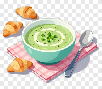 Bowl Of Green Soup With Croissants PNG