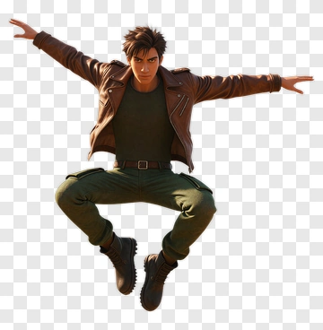 3D Male Character Jumping In A Brown Jacket PNG