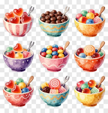 Colorful Candy Bowls With Various Treats PNG