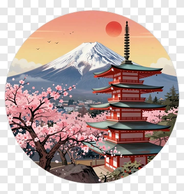 Japanese Pagoda With Cherry Blossoms And Mount Fuji PNG