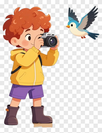 Cartoon Boy Taking Photo Of Bird PNG