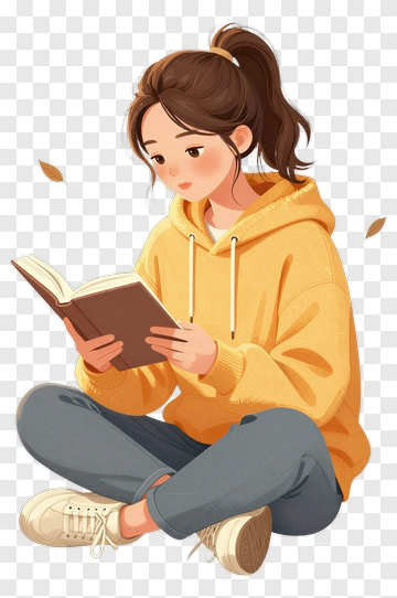 Girl Reading A Book In A Yellow Hoodie PNG