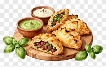 Plate Of Savory Pastries With Dipping Sauces PNG