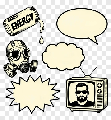 Energy Drink Can And Retro Tv With Speech Bubbles PNG