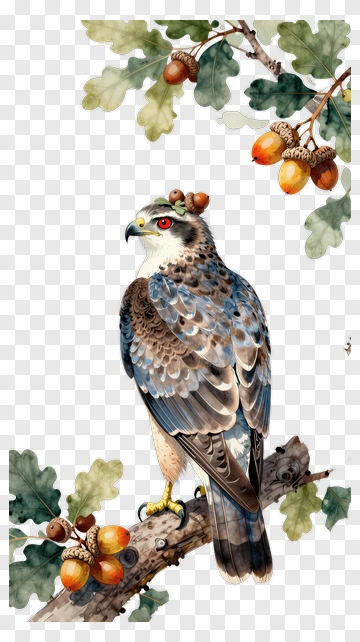 Hawk Perched On A Branch With Acorns PNG
