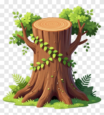 Felt Tree Stump With Green Leaves PNG