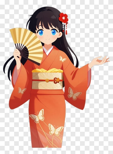 Anime Girl In A Red Kimono Holding A Fan PNG