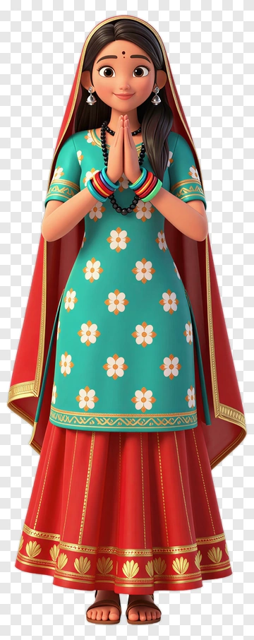 Cartoon Woman In Traditional Dress With Hands Together PNG