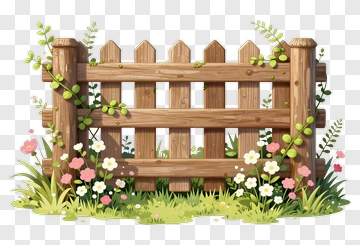 Wooden Fence Surrounded By Flowers And Grass PNG