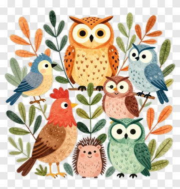 Colorful Birds And Hedgehog Among Leaves PNG