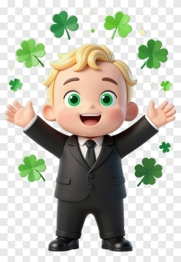 Cartoon Boy In A Suit Surrounded By Shamrocks PNG