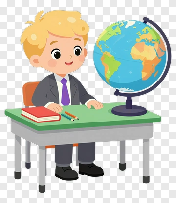 Cartoon Boy Sitting At A Desk With A Globe PNG