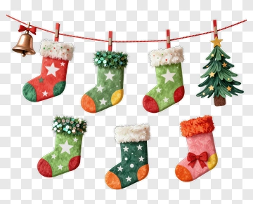 Colorful Christmas Stockings Hanging On A Line PNG