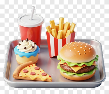 Fast Food Meal Tray With Burger, Fries, And Pizza PNG