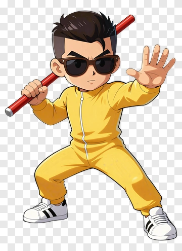 Cartoon Boy In Yellow Outfit Holding A Red Stick PNG