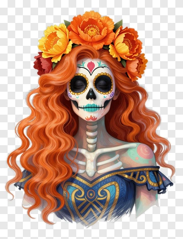 Colorful Sugar Skull Woman With Floral Crown PNG