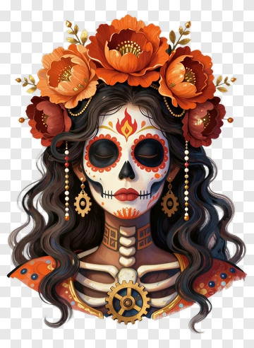 Colorful Sugar Skull Woman With Floral Headpiece PNG