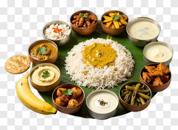 Traditional Indian Meal With Rice And Various Dishes PNG