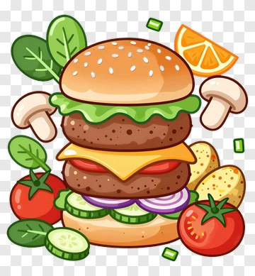 Cartoon Burger With Fresh Vegetables And Sides PNG