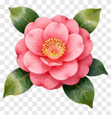 Pink Camellia Flower With Green Leaves PNG