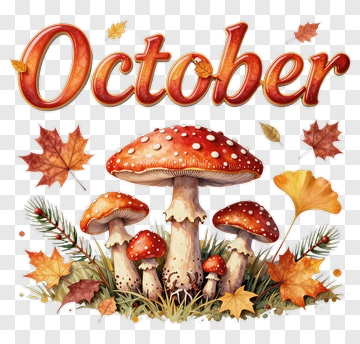 October With Mushrooms And Autumn Leaves PNG