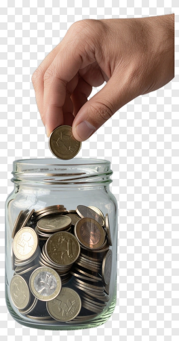 Hand Placing A Coin Into A Glass Jar Filled With Money PNG