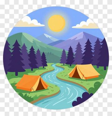 Campground Scene With Tents And River PNG