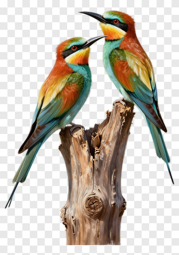 Colorful Birds Perched On A Wooden Stump PNG