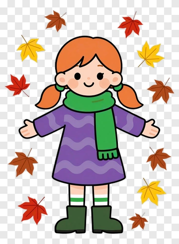 Cartoon Girl With Autumn Leaves PNG