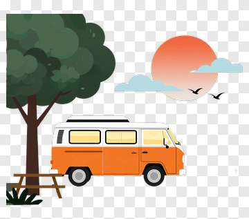 Orange Camper Van Near A Tree And Sunset PNG