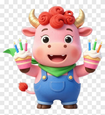 Cartoon Cow Holding Birthday Cupcakes PNG